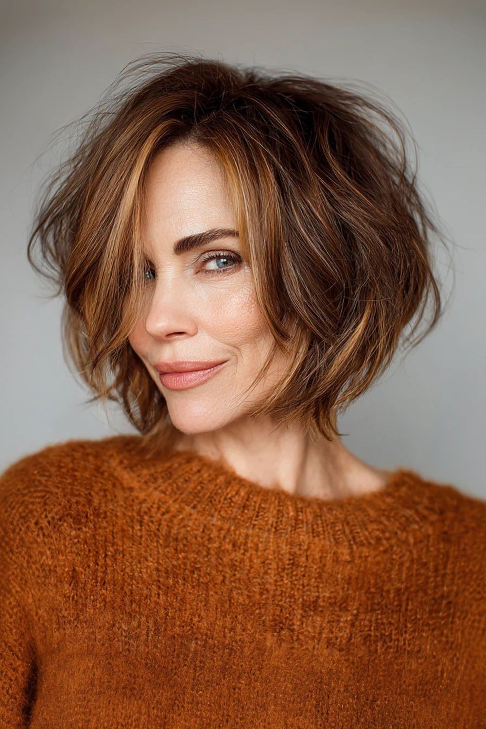 Copper shaggy layered bob in front view