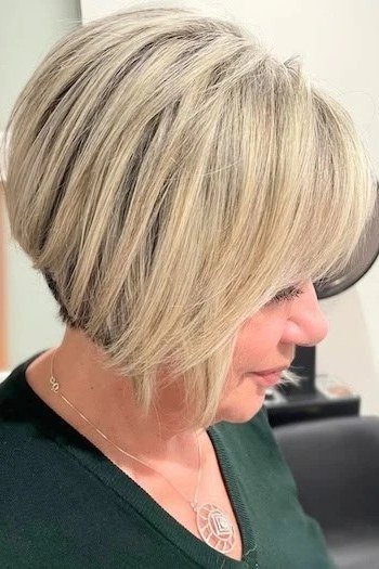 Blonde Bob with Soft Angled Layers for women over 50 with thin fine hair