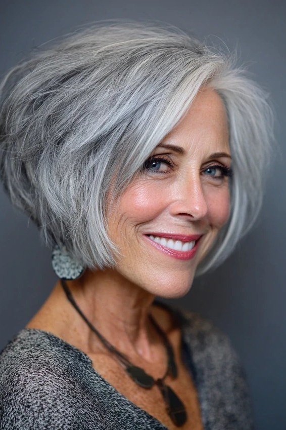Silver Bob with Happy Face-Framing for women over 50 with thin fine hair