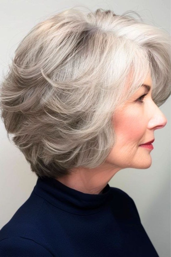 Silver Layered Bob with Feathered Tips for women over 50 with thin fine hair