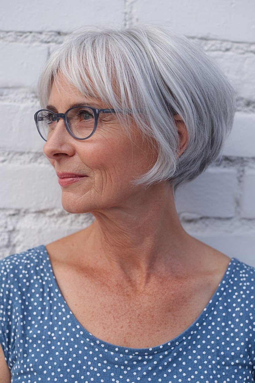 Rounded White Bob with Chic Glasses for women over 50 with thin fine hair