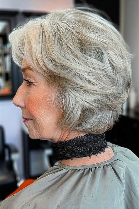 Silver Bob with Tapered Nape for women over 50 with thin fine hair