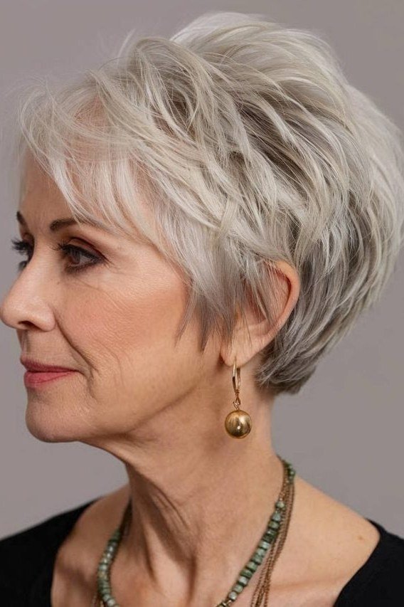 Silver Pixie with Tapered Sides for women over 50 with thin fine hair