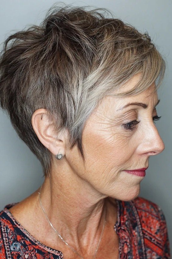 Gray Pixie with Cropped Sides for women over 50 with thin fine hair