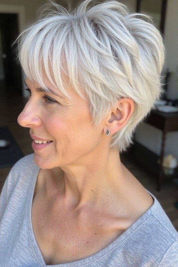 White Pixie with Neat Tapered Shape for women over 50 with thin fine hair