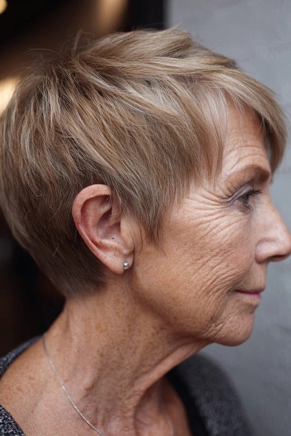 Blonde Pixie with Swept Top for women over 50 with thin fine hair