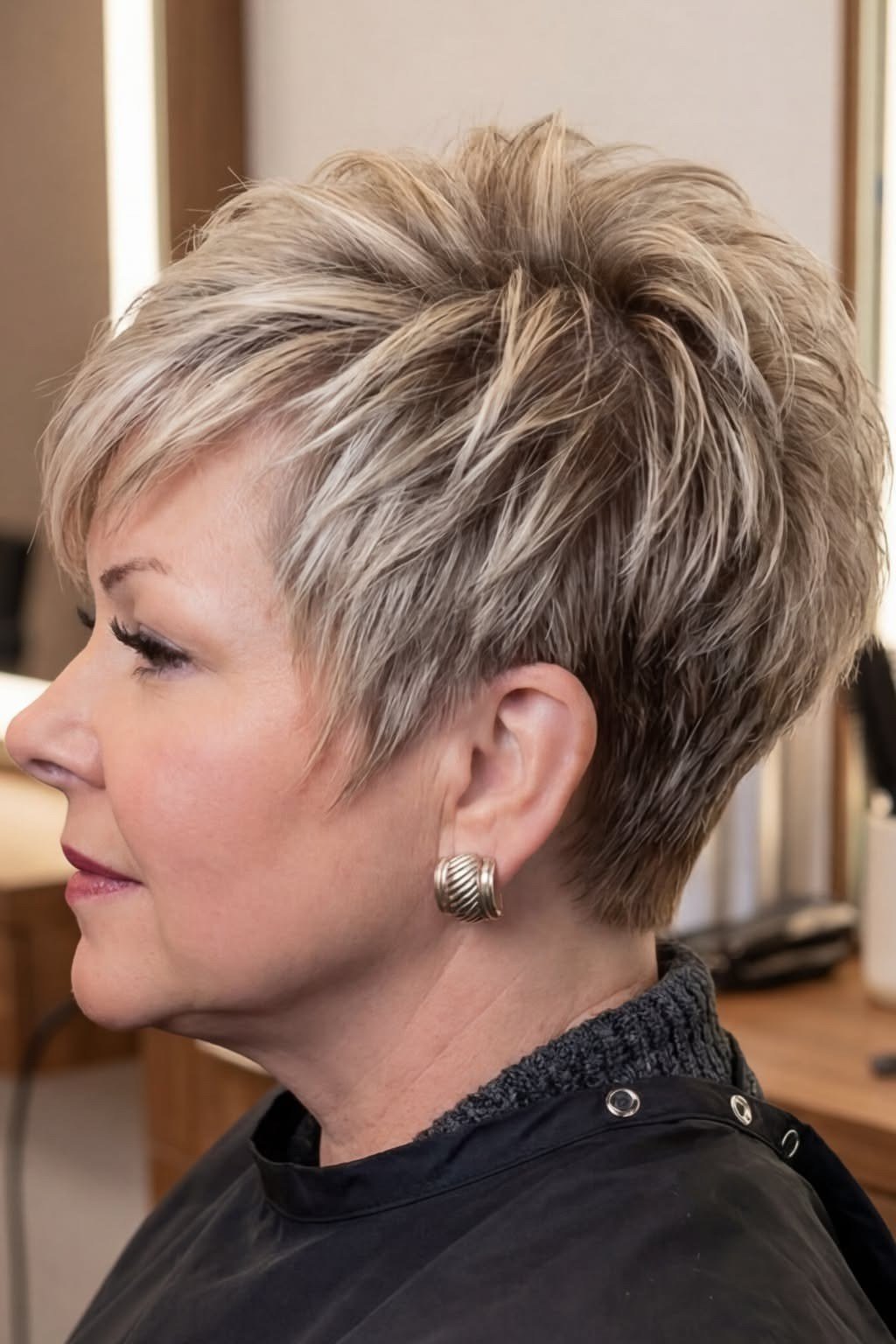Gray Pixie with Layered Crown for women over 50 with thin fine hair