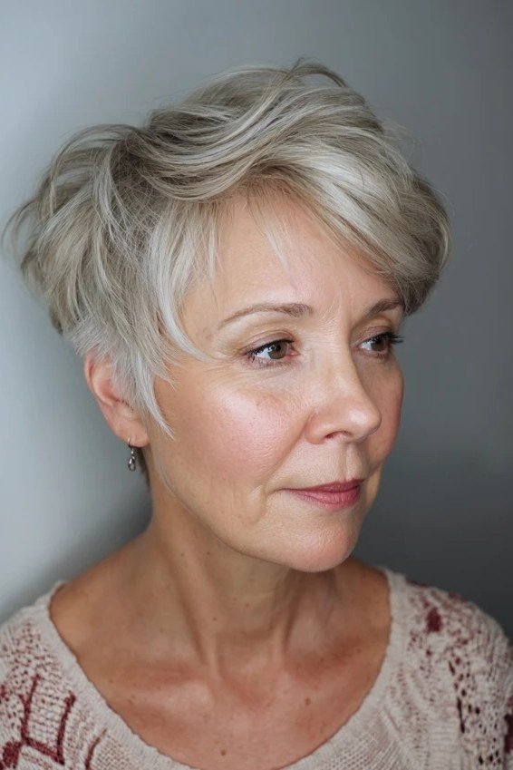 Airy White Pixie with Feathered Finish for women over 50 with thin fine hair