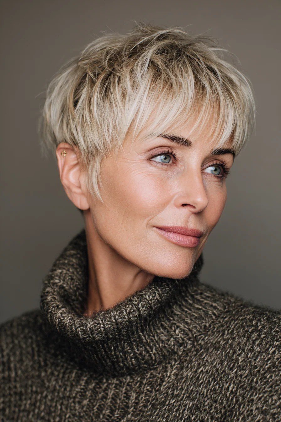 Blonde Pixie with Soft Side-Swept Fringe for women over 50 with thin fine hair