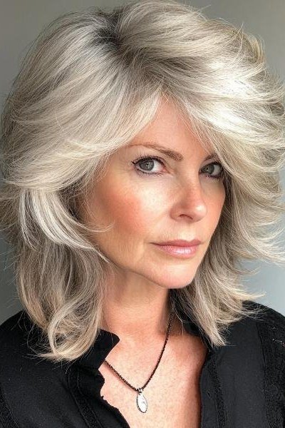 Silver Layered Bob with Soft Movement for women over 50 with thin fine hair
