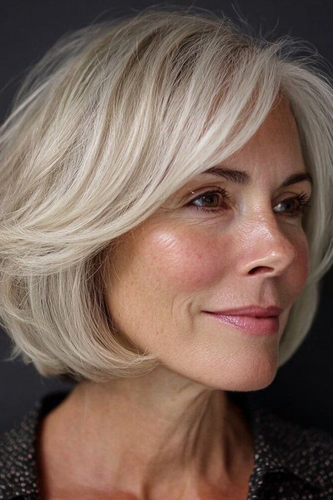 Platinum layered bob, three-quarter smile, side-swept layers for women over 40