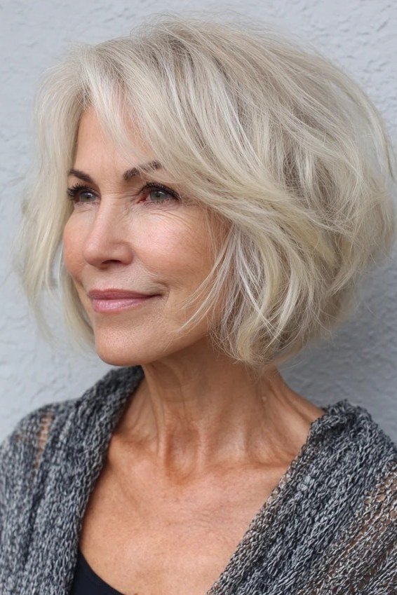Silver-white layered bob, three-quarter view, soft waves for women over 40