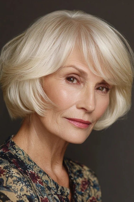 Silver layered bob, front view, chin length with side part for women over 40