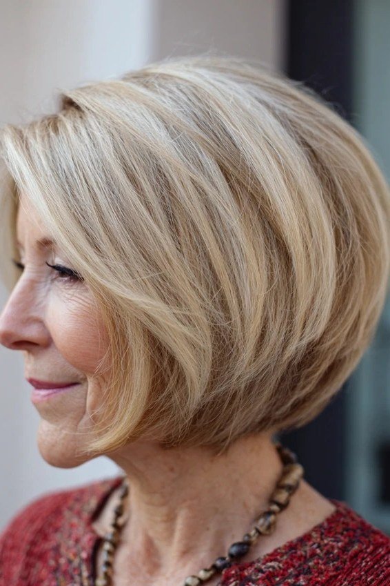 Blonde layered bob, front view, feathered layers for women over 40