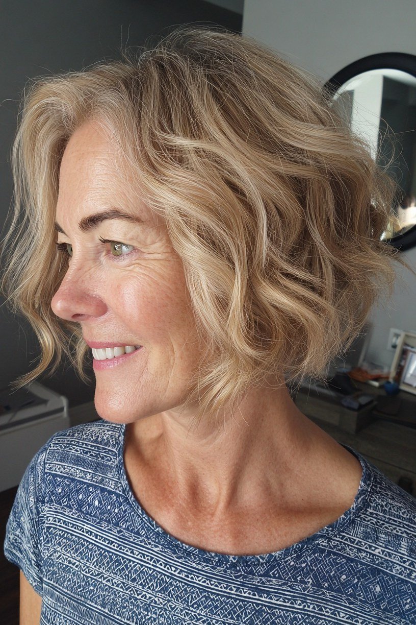 Wavy blonde bob, three-quarter view, loose beachy waves for women over 40