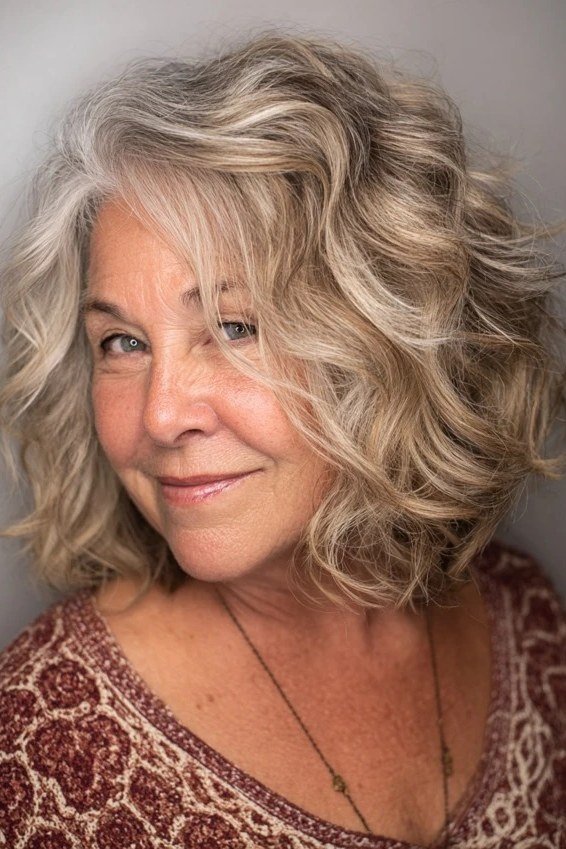 Wavy silver bob, three-quarter smile, loose tousled waves for women over 40