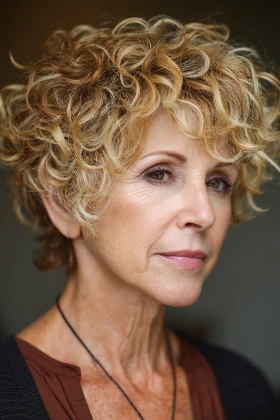 Curly blonde bob, three-quarter view, tight defined curls for women over 40