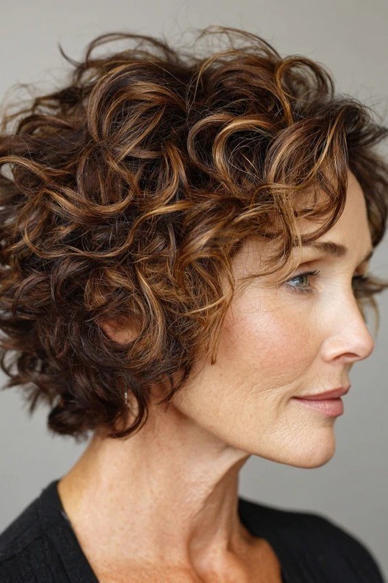 Auburn curly bob, side profile, rich copper curls for women over 40