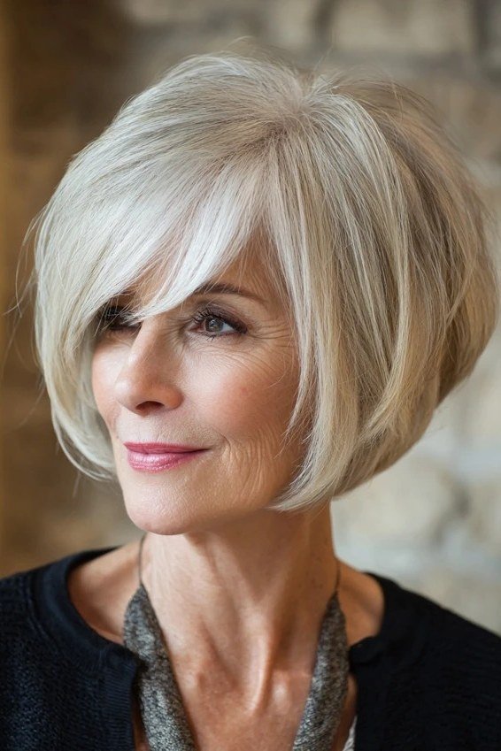 White layered bob, front view, sleek chin-length cut for women over 40
