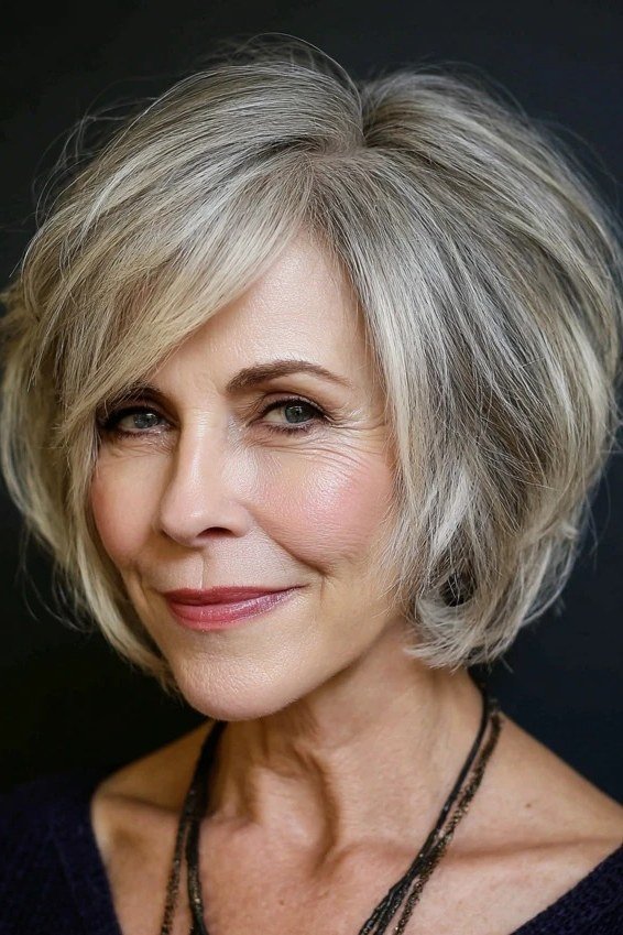 Silver layered bob, front view, side-swept fringe for women over 40