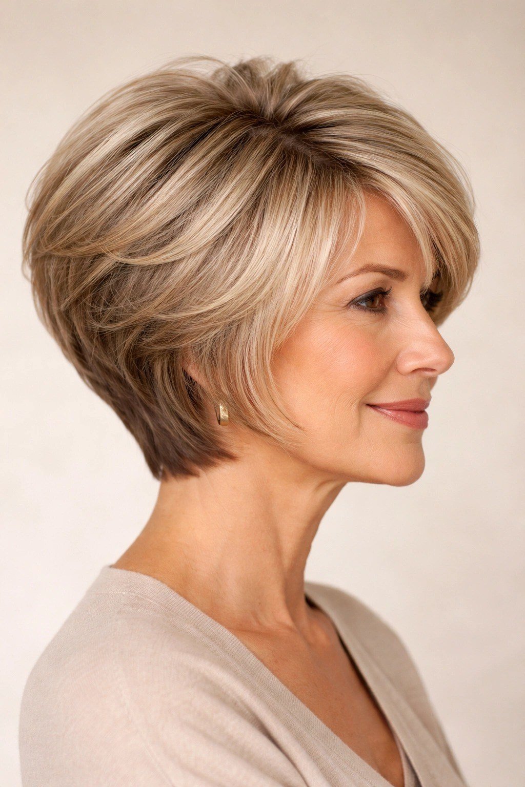 Blonde layered bob, side profile, classic rounded shape for women over 40