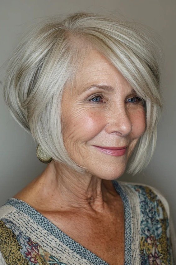 Silver layered bob, three-quarter view, textured ends for women over 40