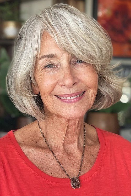 Silver layered bob, front view, warm smile, layered fringe for women over 40