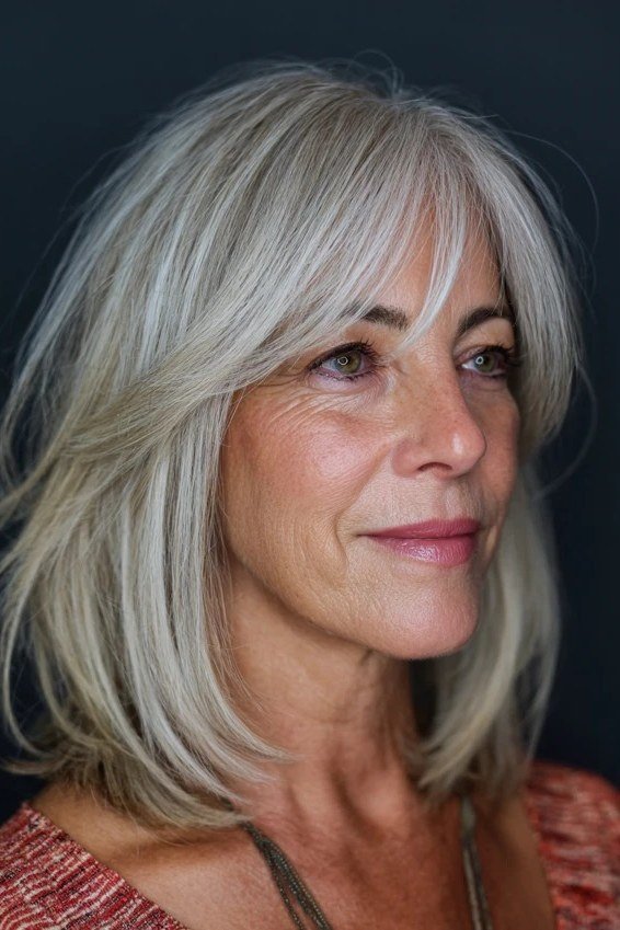 Silver layered bob, three-quarter view, sleek side sweep for women over 40