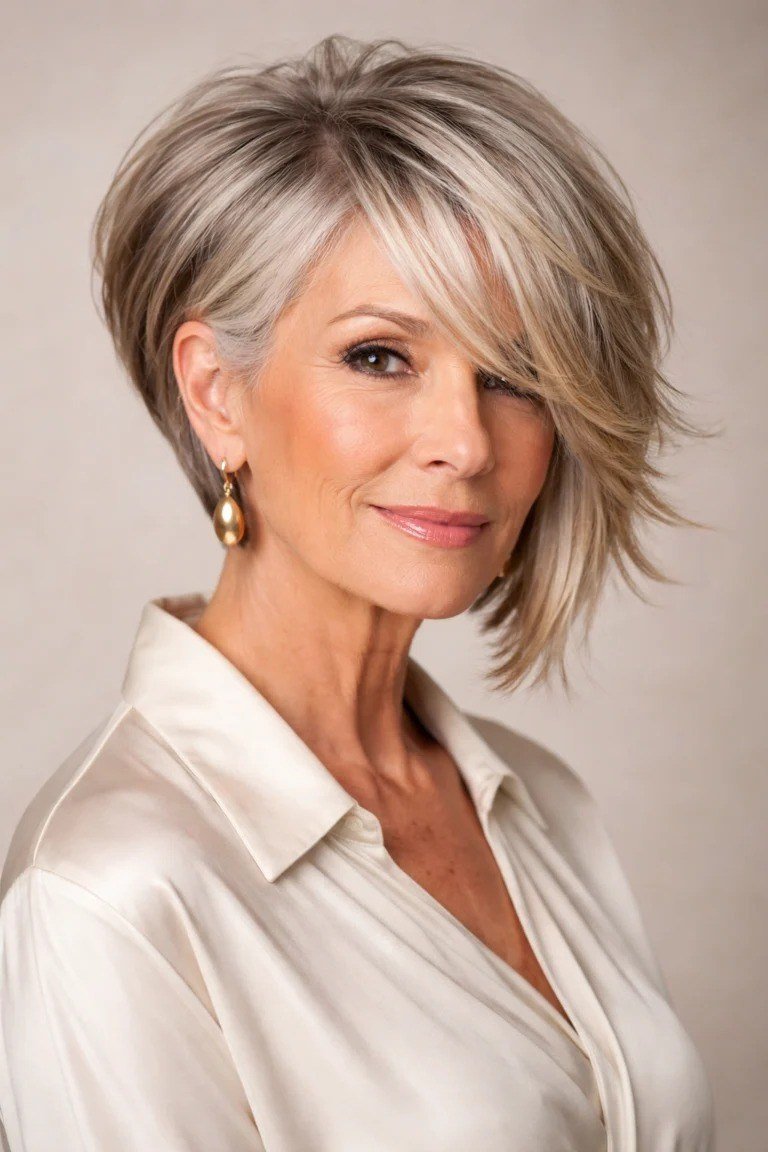 Silver-blonde layered bob, three-quarter view, wispy ends for women over 40