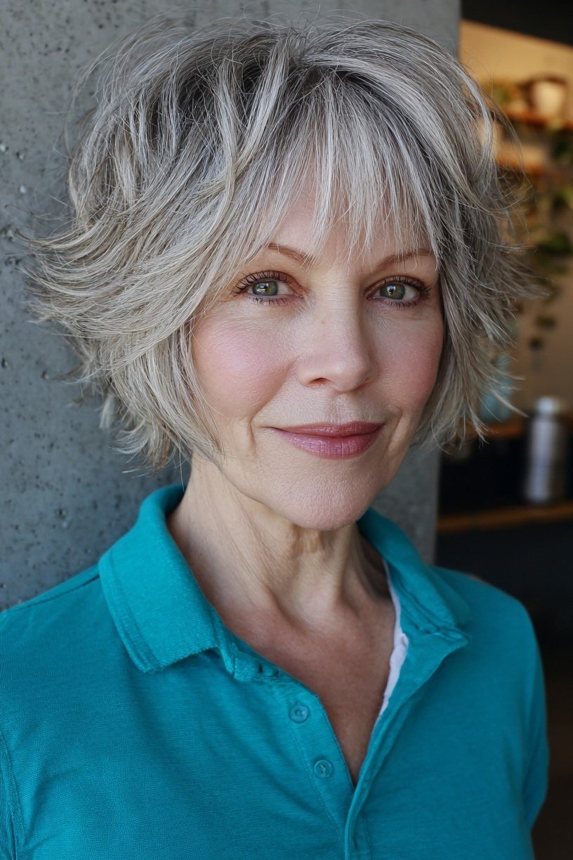 Silver layered bob, front view, soft curtain layers for women over 40