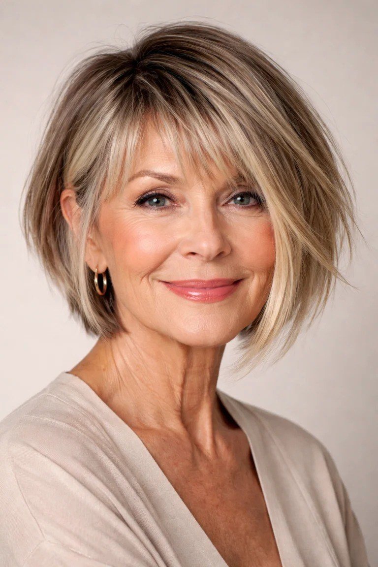 Brunette-blonde layered bob, front view, warm balayage blend for women over 40