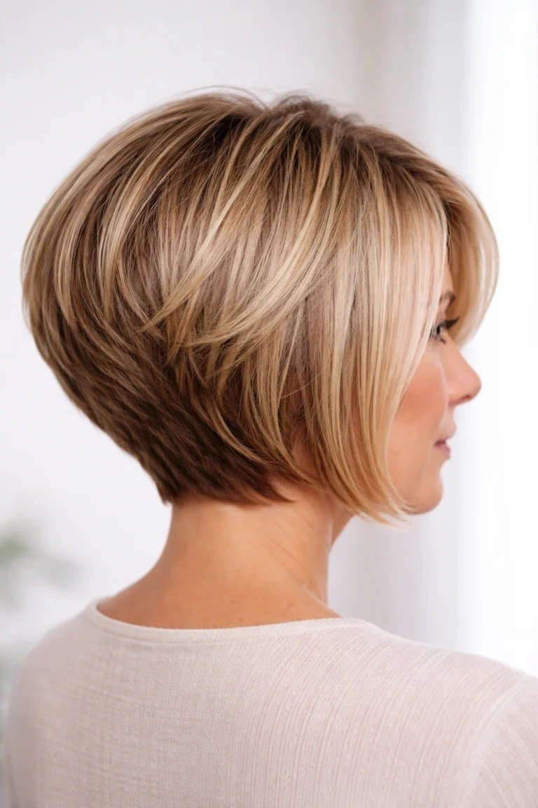Blonde stacked bob, side profile, graduated warm blonde layers for women over 40