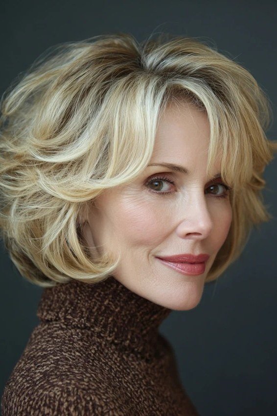 Blonde layered bob, three-quarter view, golden highlights for women over 40