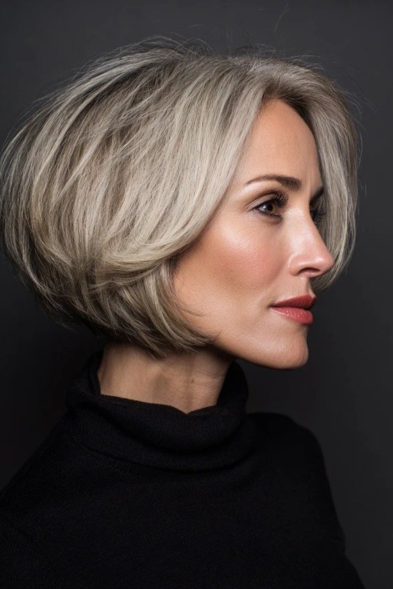 Silver layered bob, side profile, angled shape for women over 40