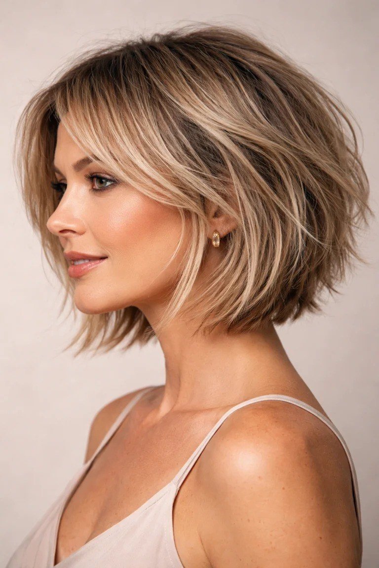 Brunette layered bob, side profile, rich chocolate layers for women over 40