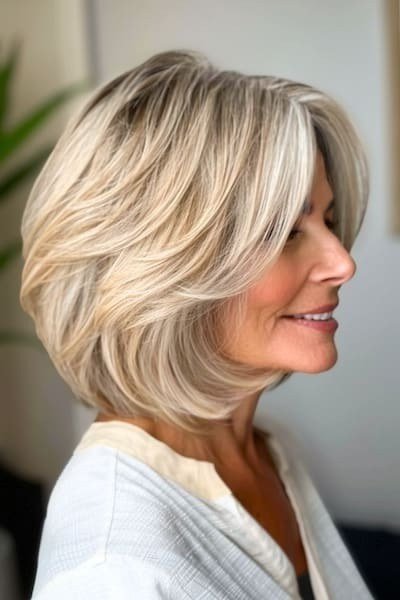 Silver wavy layered bob, three-quarter view, soft tousled waves for women over 40