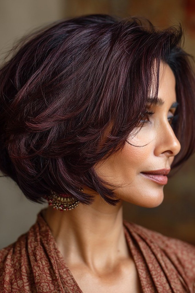 Dark plum layered bob, side profile, rich violet tones for women over 40
