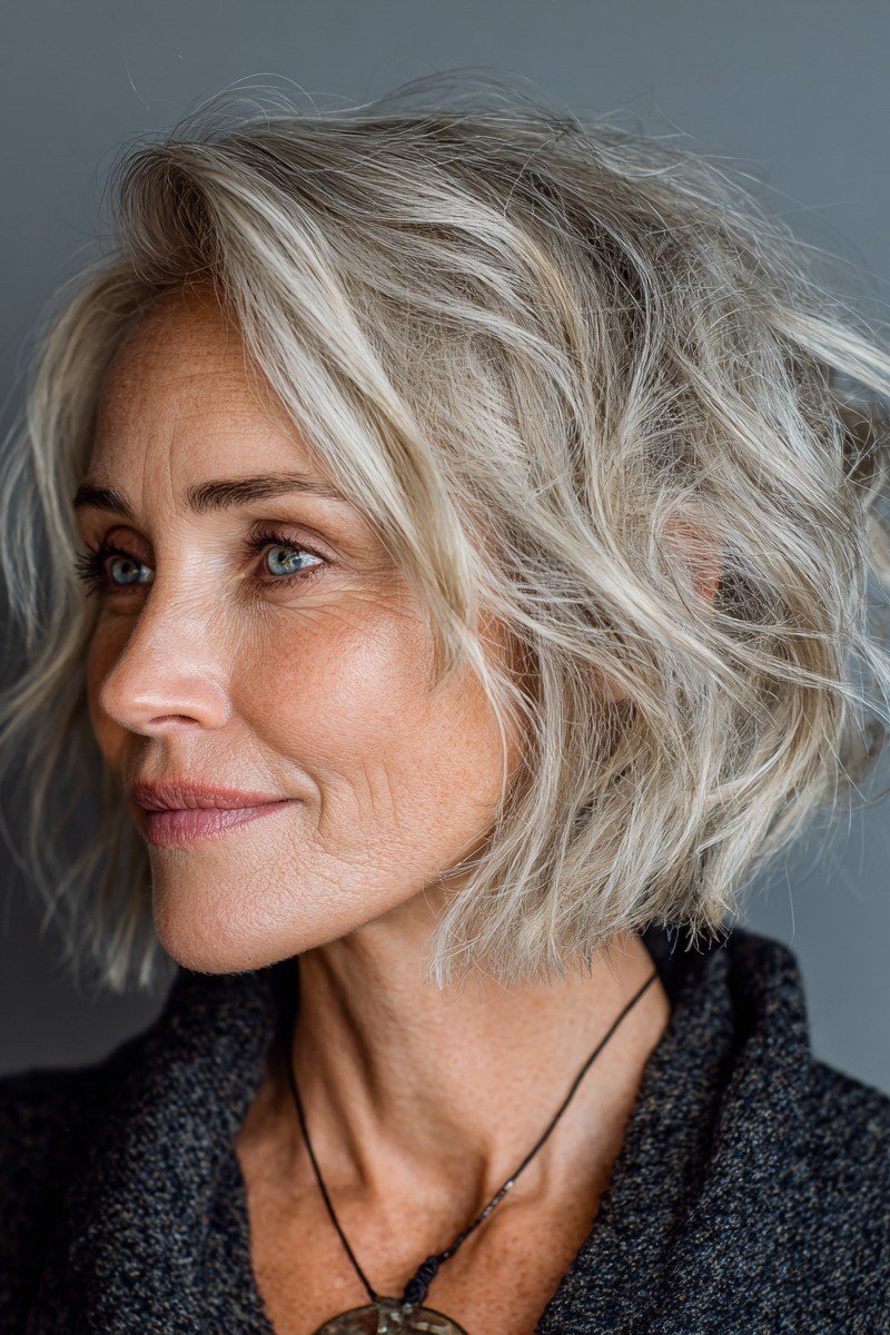 Silver wavy layered bob, three-quarter view, natural texture for women over 40