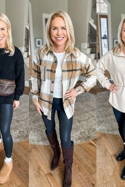 Trio of women in black leggings with cream tops and boots, wood floor, leggings outfit idea for women over 50