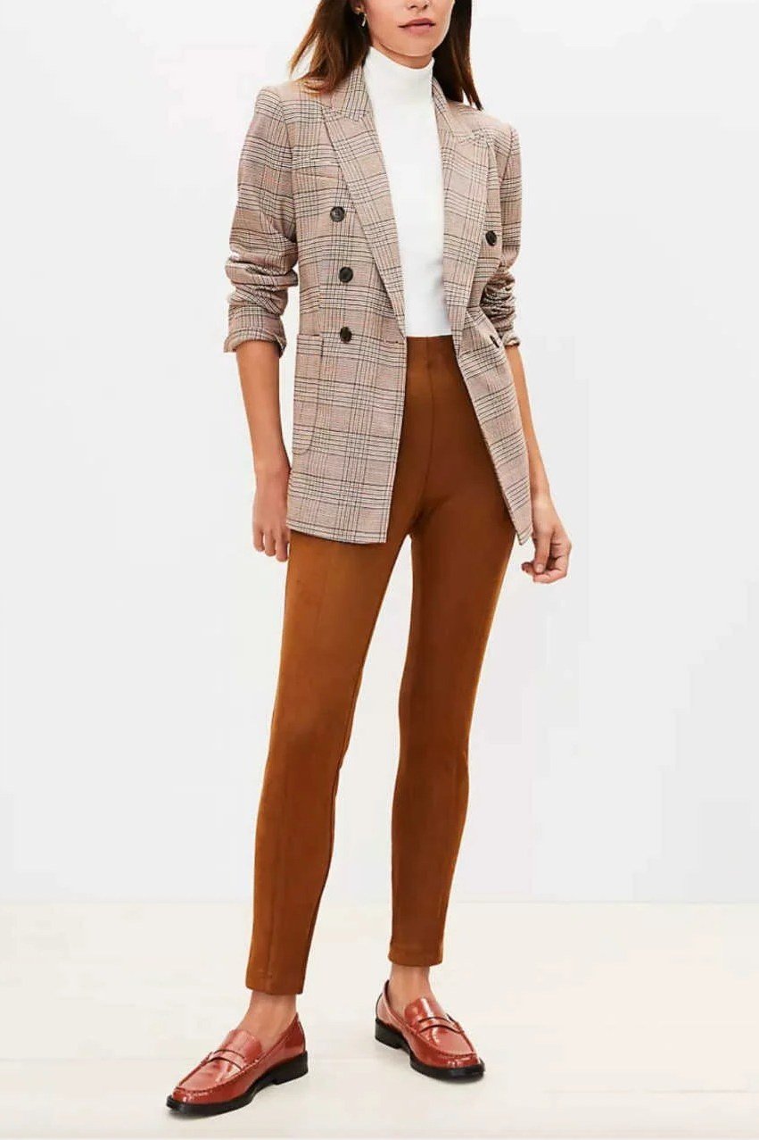 Plaid blazer over white top, rust leggings, rust loafers, leggings outfit idea for women over 50