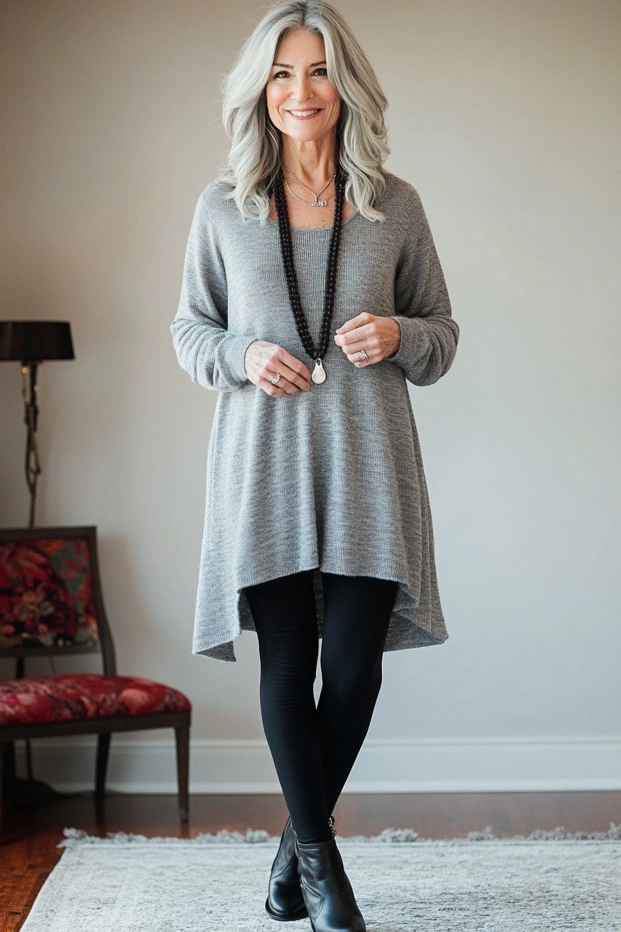 Gray knit tunic, black leggings, black ankle boots, leggings outfit idea for women over 50