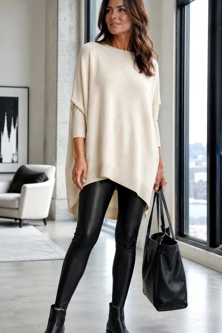 Cream poncho sweater, black faux-leather leggings, black boots, leggings outfit idea for women over 50