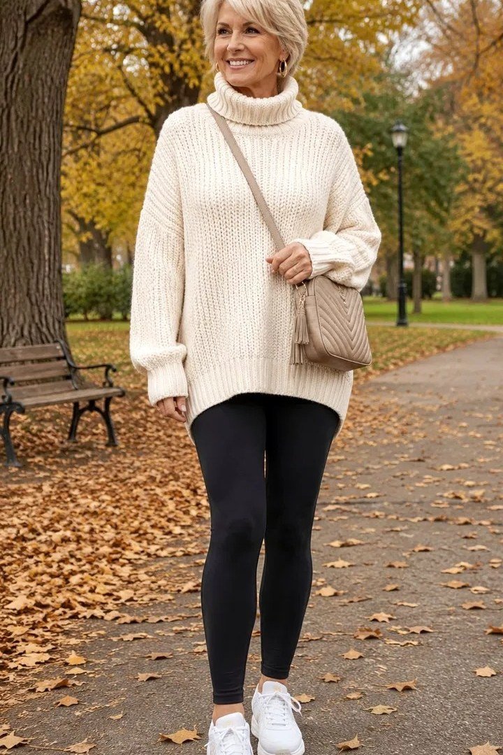 Cream turtleneck sweater, black leggings, white sneakers, autumn path, leggings outfit idea for women over 50