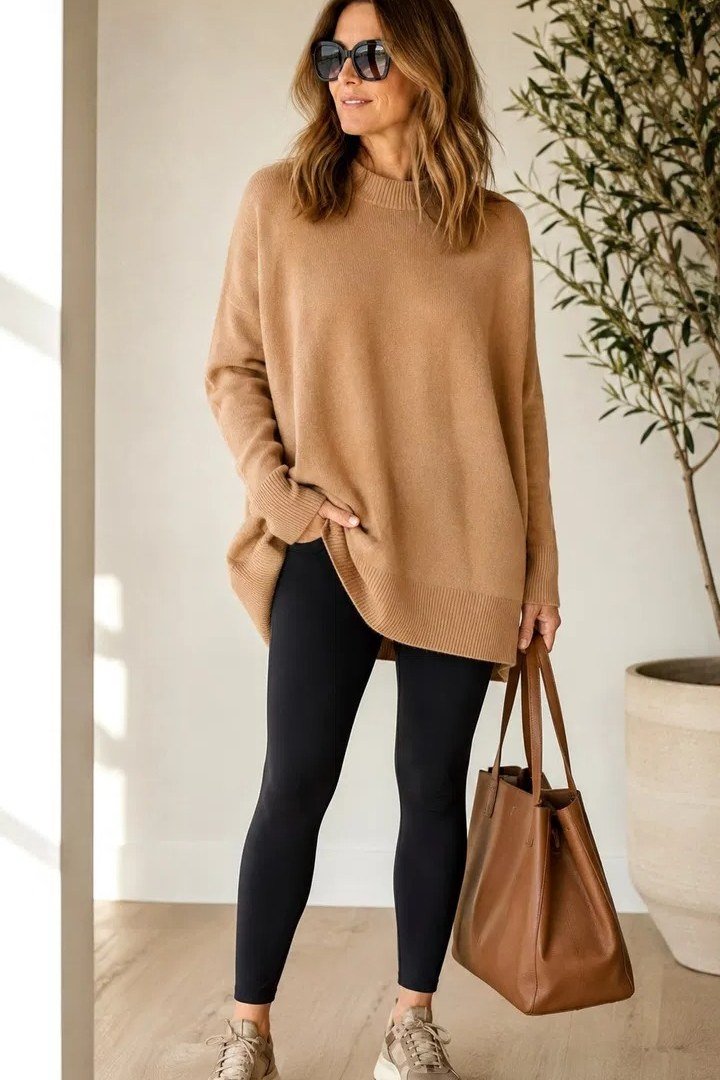 Camel sweater, black leggings, tan handbag, studio, leggings outfit idea for women over 50