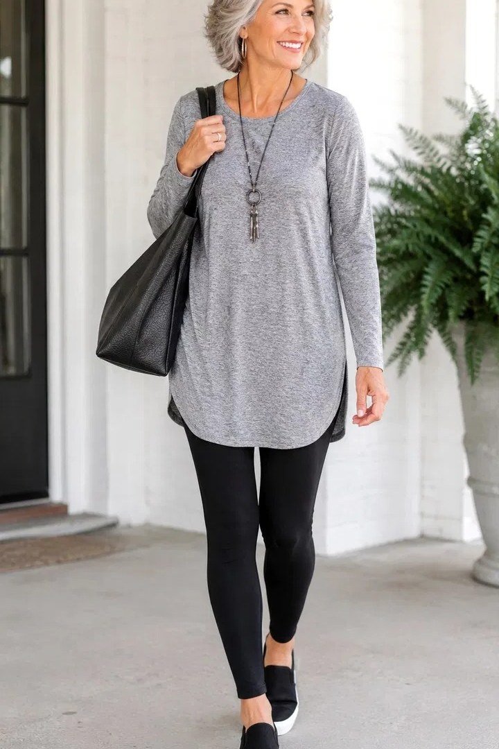Gray tunic, black leggings, black sneakers, porch, leggings outfit idea for women over 50