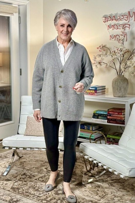 Gray cardigan, black leggings, flats, living room, leggings outfit idea for women over 50