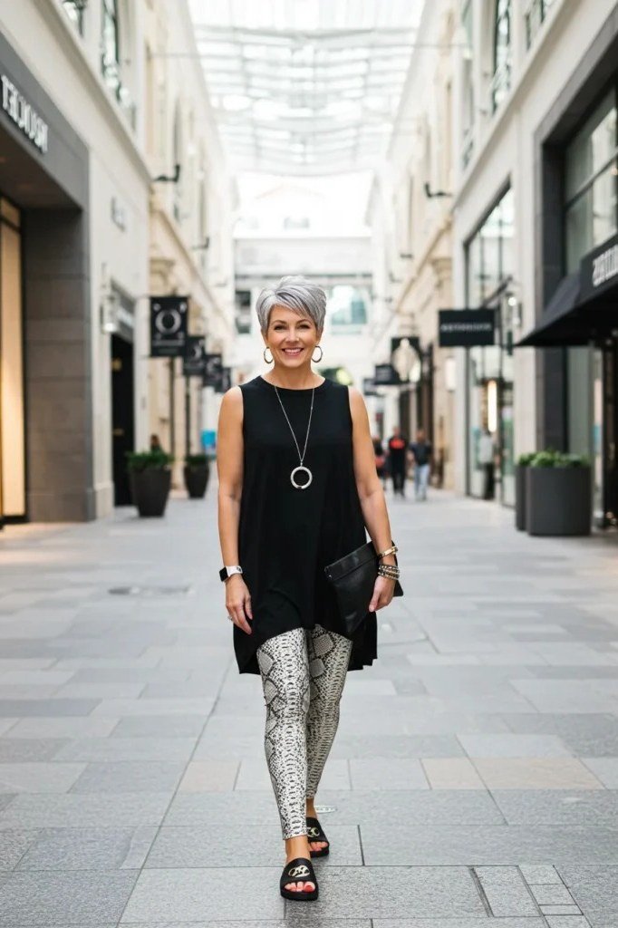 Black vest over black top, silver sparkle leggings, black heels, city street, leggings outfit idea for women over 50