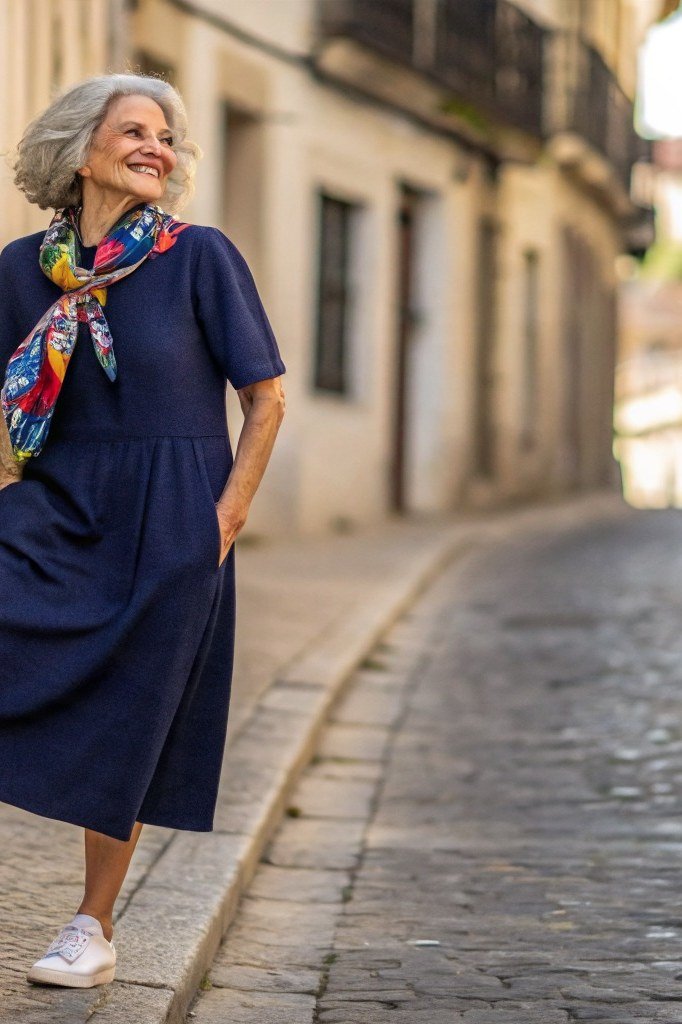 linen summer dresses for women over 60: older woman in navy midi shirt dress with colorful scarf and white sneakers on cobblestone street