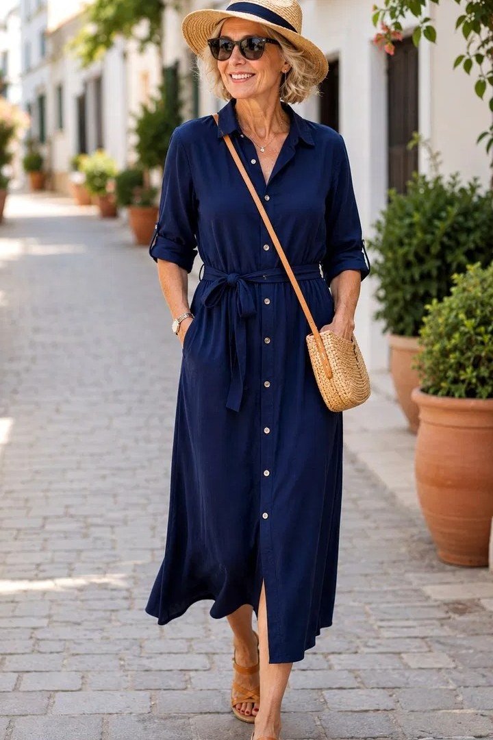 linen summer dresses for women over 60: older woman in navy button-front midi shirt dress with straw hat, sunglasses and tan crossbody bag on sunny street