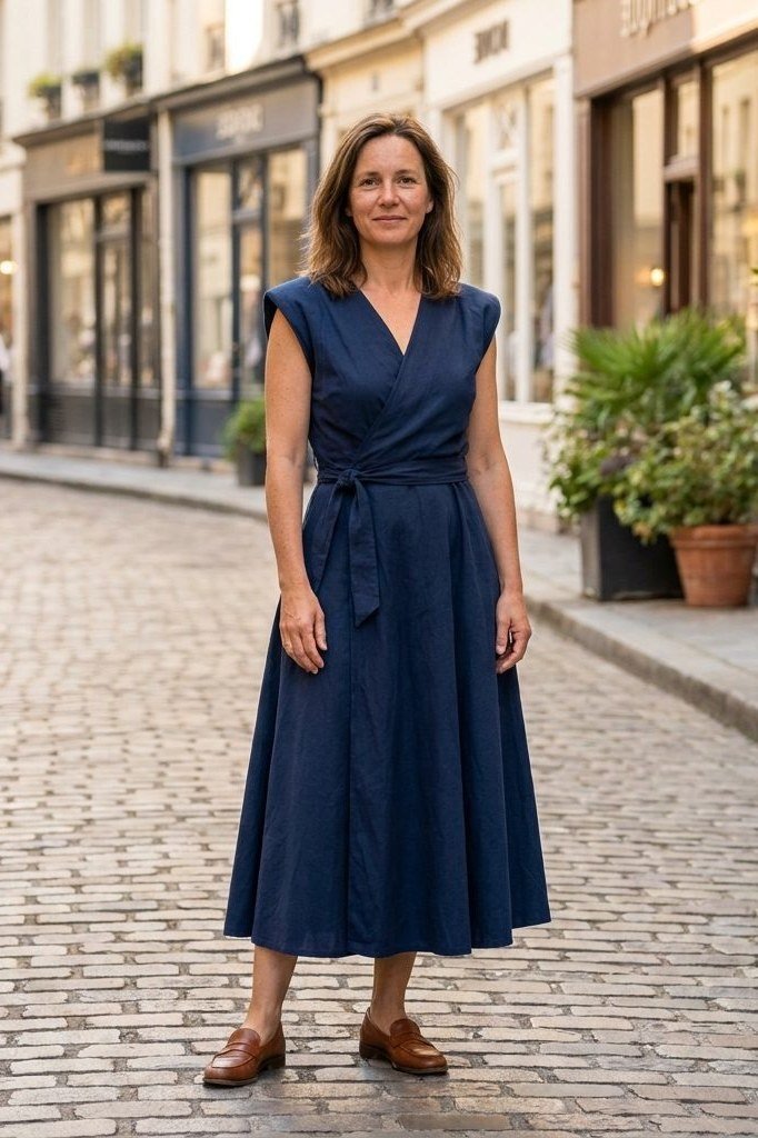linen summer dresses for women over 60: older woman in sleeveless navy maxi dress with brown loafers on cobblestone street